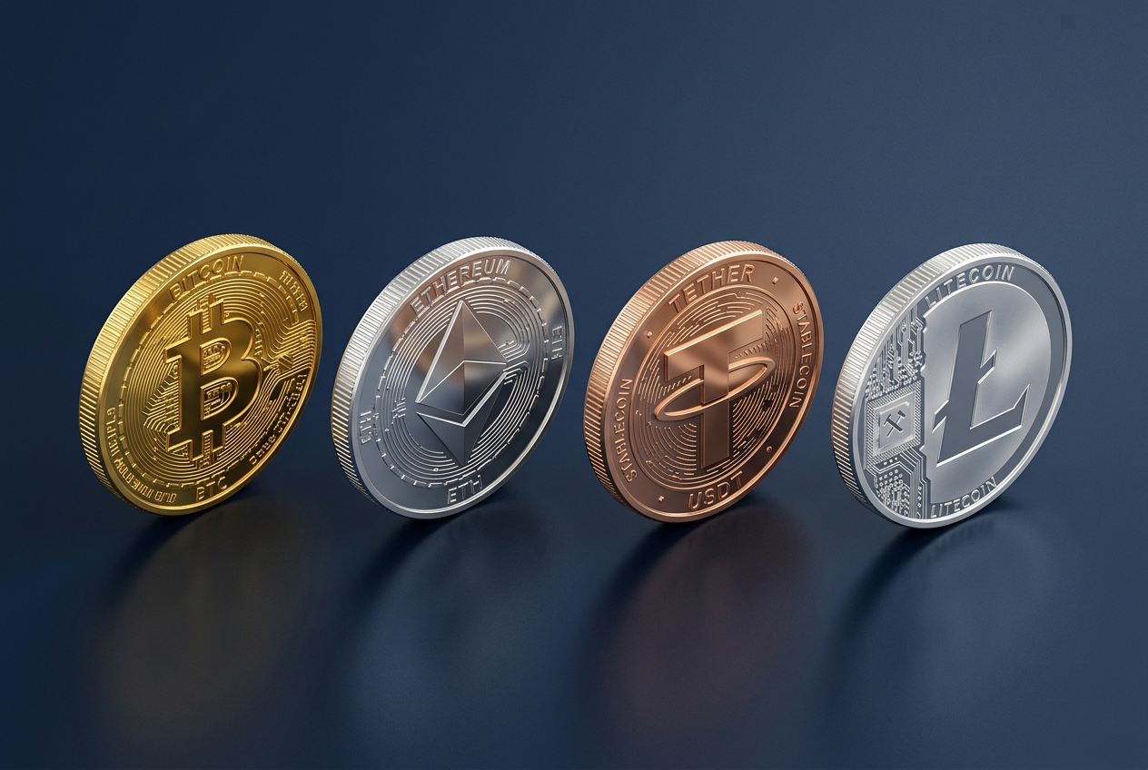 Isometric 3D crypto coins for Bitcoin Ethereum and Tether in a casino context