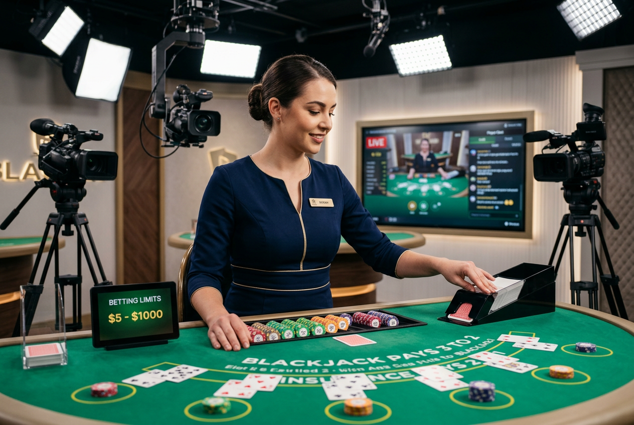 Professional live blackjack dealer at a high-end casino table studio